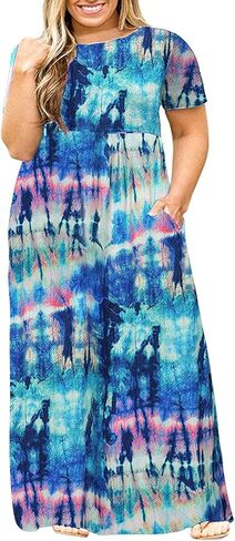 Kancystore Women's Plus Size Maxi Dress with Pockets Summer Dresses XL-5X | Plus Size High Waisted Long Length Beach Dress, Empire Waist Round Neck Casual Dress, Solid Striped Floral Tie Dye Colors in Saudi Arabia