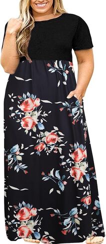 Kancystore Women's Plus Size Maxi Dress with Pockets Summer Dresses XL-5X | Plus Size High Waisted Long Length Beach Dress, Empire Waist Round Neck Casual Dress, Solid Striped Floral Tie Dye Colors in Saudi Arabia