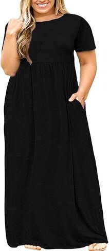 Kancystore Women's Plus Size Maxi Dress with Pockets Summer Dresses XL-5X | Plus Size High Waisted Long Length Beach Dress, Empire Waist Round Neck Casual Dress, Solid Striped Floral Tie Dye Colors in Saudi Arabia