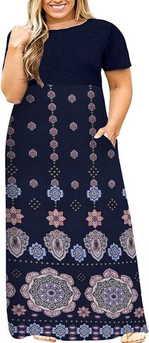 Kancystore Women's Plus Size Maxi Dress with Pockets Summer Dresses XL-5X | Plus Size High Waisted Long Length Beach Dress, Empire Waist Round Neck Casual Dress, Solid Striped Floral Tie Dye Colors in Saudi Arabia