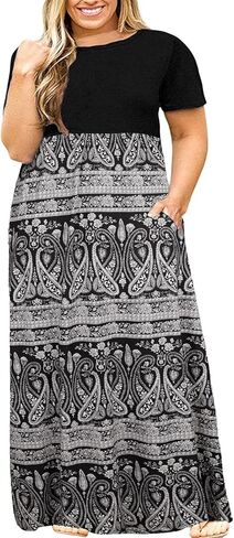 Kancystore Women's Plus Size Maxi Dress with Pockets Summer Dresses XL-5X | Plus Size High Waisted Long Length Beach Dress, Empire Waist Round Neck Casual Dress, Solid Striped Floral Tie Dye Colors in Saudi Arabia
