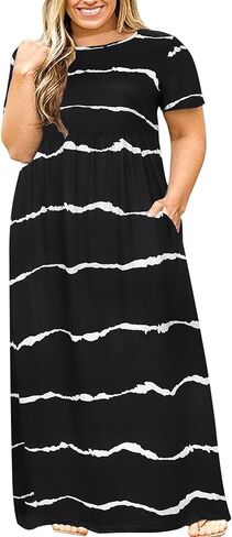Kancystore Women's Plus Size Maxi Dress with Pockets Summer Dresses XL-5X | Plus Size High Waisted Long Length Beach Dress, Empire Waist Round Neck Casual Dress, Solid Striped Floral Tie Dye Colors in Saudi Arabia