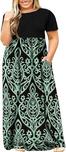 Kancystore Women's Plus Size Maxi Dress with Pockets Summer Dresses XL-5X | Plus Size High Waisted Long Length Beach Dress, Empire Waist Round Neck Casual Dress, Solid Striped Floral Tie Dye Colors in Saudi Arabia