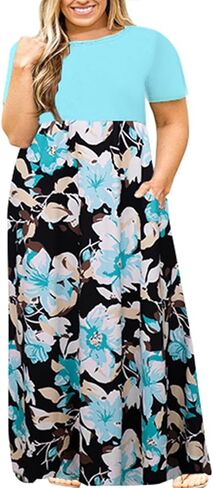 Kancystore Women's Plus Size Maxi Dress with Pockets Summer Dresses XL-5X | Plus Size High Waisted Long Length Beach Dress, Empire Waist Round Neck Casual Dress, Solid Striped Floral Tie Dye Colors in Saudi Arabia