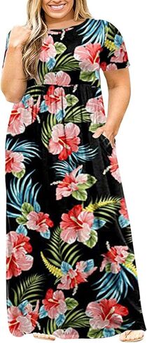 Kancystore Women's Plus Size Maxi Dress with Pockets Summer Dresses XL-5X | Plus Size High Waisted Long Length Beach Dress, Empire Waist Round Neck Casual Dress, Solid Striped Floral Tie Dye Colors in Saudi Arabia