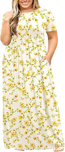 Kancystore Women's Plus Size Maxi Dress with Pockets Summer Dresses XL-5X | Plus Size High Waisted Long Length Beach Dress, Empire Waist Round Neck Casual Dress, Solid Striped Floral Tie Dye Colors in Saudi Arabia