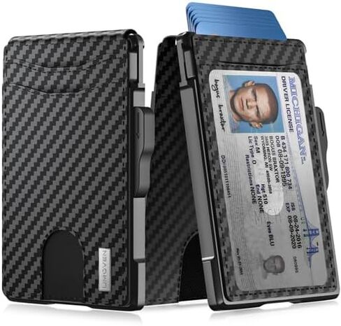 محفظة umoven للرجال - محفظة جلدية نحيفة تحجب RFID ثنائية الطي مع حامل بطاقات معدني منبثق، مشبك نقود، فتحات لبطاقات الائتمان - محفظة رجالية، ألياف الكربون in Kuwait