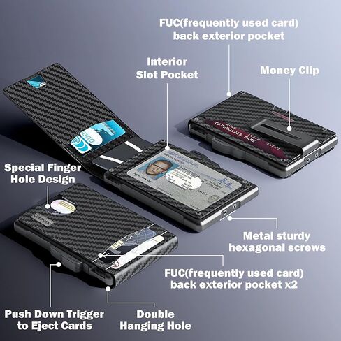 محفظة umoven للرجال - محفظة جلدية نحيفة تحجب RFID ثنائية الطي مع حامل بطاقات معدني منبثق، مشبك نقود، فتحات لبطاقات الائتمان - محفظة رجالية، ألياف الكربون in Kuwait