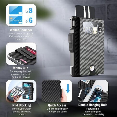 محفظة umoven للرجال - محفظة جلدية نحيفة تحجب RFID ثنائية الطي مع حامل بطاقات معدني منبثق، مشبك نقود، فتحات لبطاقات الائتمان - محفظة رجالية، ألياف الكربون in Kuwait