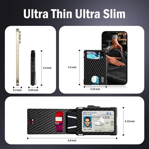 محفظة umoven للرجال - محفظة جلدية نحيفة تحجب RFID ثنائية الطي مع حامل بطاقات معدني منبثق، مشبك نقود، فتحات لبطاقات الائتمان - محفظة رجالية، ألياف الكربون in Kuwait