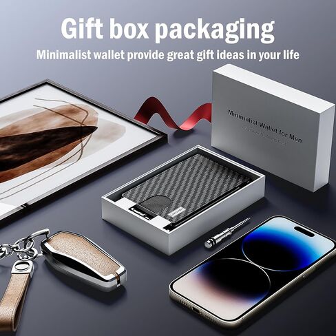 محفظة umoven للرجال - محفظة جلدية نحيفة تحجب RFID ثنائية الطي مع حامل بطاقات معدني منبثق، مشبك نقود، فتحات لبطاقات الائتمان - محفظة رجالية، ألياف الكربون in Kuwait