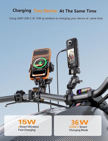 Kewig Motorcycle Phone Mount with Qi 15W Wireless Charger & 36W PD/USB C Fast Charging Port, Anti-Theft Handlebar Cellphone Holder with Vibration Dampener for Bike Scooter ATV, Fit 5.4-7.2" Phone in Saudi Arabia