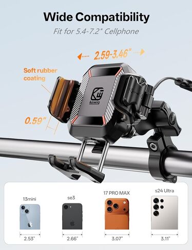 Kewig Motorcycle Phone Mount with Qi 15W Wireless Charger & 36W PD/USB C Fast Charging Port, Anti-Theft Handlebar Cellphone Holder with Vibration Dampener for Bike Scooter ATV, Fit 5.4-7.2" Phone in Saudi Arabia
