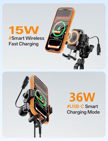 Kewig Motorcycle Phone Mount with Qi 15W Wireless Charger & 36W PD/USB C Fast Charging Port, Anti-Theft Handlebar Cellphone Holder with Vibration Dampener for Bike Scooter ATV, Fit 5.4-7.2" Phone in Saudi Arabia