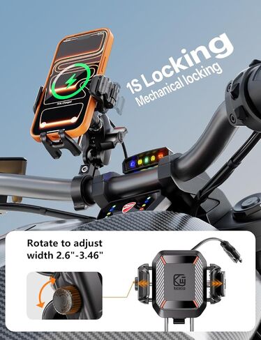 Kewig Motorcycle Phone Mount with Qi 15W Wireless Charger & 36W PD/USB C Fast Charging Port, Anti-Theft Handlebar Cellphone Holder with Vibration Dampener for Bike Scooter ATV, Fit 5.4-7.2" Phone in Saudi Arabia