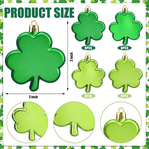 24 PCS St. Patrick's Day Shamrock Ornaments 2 Inch Good Luck Clover Hanging Bauble for Tree Plastic Green Trefoil Ornaments for Spring Lucky Irish Party Home Table Shelf Hanging Decoration in Saudi Arabia