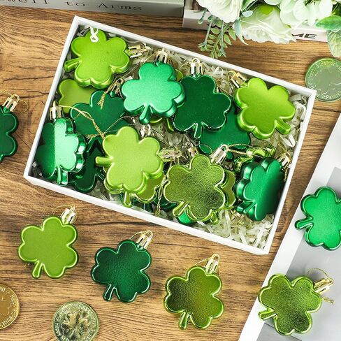 24 PCS St. Patrick's Day Shamrock Ornaments 2 Inch Good Luck Clover Hanging Bauble for Tree Plastic Green Trefoil Ornaments for Spring Lucky Irish Party Home Table Shelf Hanging Decoration in Saudi Arabia