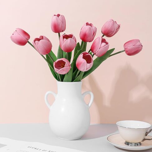 10PCS Artificial 18.5" Long Stem Pink Tulips Bouquet PU Flowers, Fake 6 Color Tulip Faux Flowers with Bendable Stems for Floral Table Wedding Home Decor in Saudi Arabia