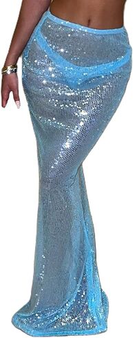 Women Sheer Sequin Maxi Skirt Rave Outfits Elastic Waist See Through Sparkly Long Skirt Festival Clubwear in Saudi Arabia