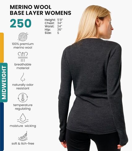 Merino Wool Base Layer Women - 100% Merino Wool Midweight Long Sleeve Thermal Shirt, Thermal Bottom and Socks (Small, Charcoal Grey 250) in Saudi Arabia