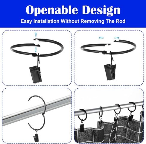 60 Pcs Metal Curtain Rings with Clips, Openable Drapery Rings for Windows Rods, 2 Inch Heavy Duty Rustproof Decorative Vintage Drapery Curtain Rods Hangers, Black in Saudi Arabia