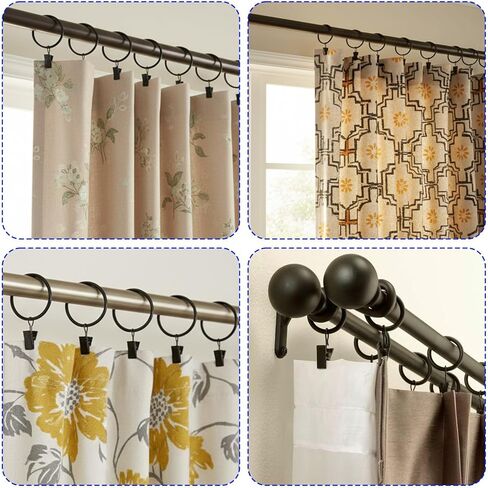 60 Pcs Metal Curtain Rings with Clips, Openable Drapery Rings for Windows Rods, 2 Inch Heavy Duty Rustproof Decorative Vintage Drapery Curtain Rods Hangers, Black in Saudi Arabia