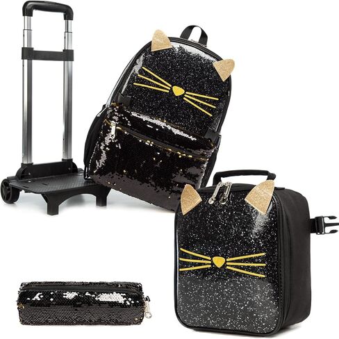 Egchescebo School Bags Kids Rolling Backpack for Girls Kids Luggage Kids Suitcase With Wheels Trolley Wheeled Backpacks for Girls Travel Bags 3PCS Girls Cat Backpack With Lunch for kids Black Bags in Kuwait