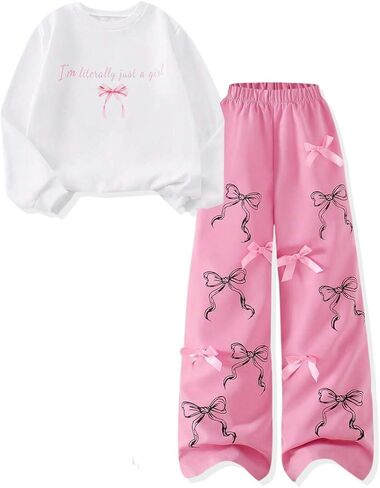 Girls Clothes 2 Piece Outfit Long Sleeve Top + Bow Cargo Pants Girls Fall and Winter Outfits, Sizes 7-16 Years in Saudi Arabia