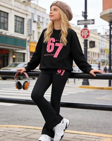 Girls 2 Piece Outfits Long Sleeve Letter Printed Sweatshirt & Flared Pants Fall Clothing Set Size 7-14 Years in Saudi Arabia