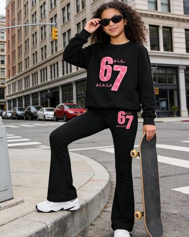 Girls 2 Piece Outfits Long Sleeve Letter Printed Sweatshirt & Flared Pants Fall Clothing Set Size 7-14 Years in Saudi Arabia