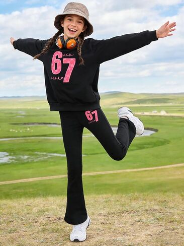 Girls 2 Piece Outfits Long Sleeve Letter Printed Sweatshirt & Flared Pants Fall Clothing Set Size 7-14 Years in Saudi Arabia