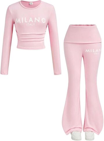 Girls 2 Piece Outfits Long Sleeve Letter Printed Sweatshirt & Flared Pants Fall Clothing Set Size 7-14 Years in Saudi Arabia