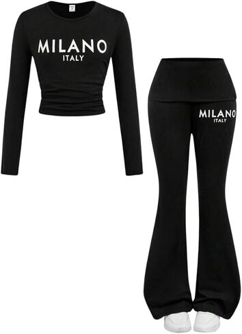 Girls 2 Piece Outfits Long Sleeve Letter Printed Sweatshirt & Flared Pants Fall Clothing Set Size 7-14 Years in Saudi Arabia