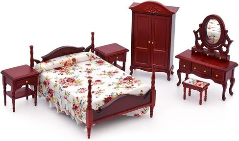 iLAND Wooden Dollhouse Furniture 1/12 Scale, Dollhouse Bedroom Furniture in Mahogany Color incl Dollhouse Bed & Dressing Table & Wardrobe (Classical Miniature Furniture 6pcs) in Kuwait