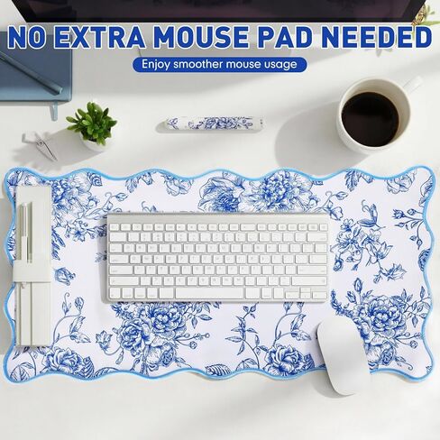 Kingdder صدفي مكتب حصيرة كبيرة باللونين الأزرق والأبيض الأزهار Chinoiserie لوحة الماوس 31.5 "× 15.7" الجمالية خمر نونسليب قاعدة مطاطية لوحة المفاتيح لوحة المفاتيح للكمبيوتر المحمول النوم المنزل مكتب الألعاب in Kuwait