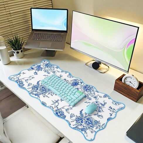 Kingdder صدفي مكتب حصيرة كبيرة باللونين الأزرق والأبيض الأزهار Chinoiserie لوحة الماوس 31.5 "× 15.7" الجمالية خمر نونسليب قاعدة مطاطية لوحة المفاتيح لوحة المفاتيح للكمبيوتر المحمول النوم المنزل مكتب الألعاب in Kuwait