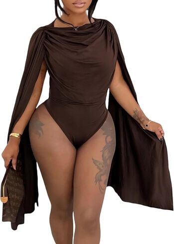 Womens Cowl Neck Body Suits Tops Drape Ruched Cape Sleeve Bodycon Bodysuit Y2K Going Out Top in Kuwait