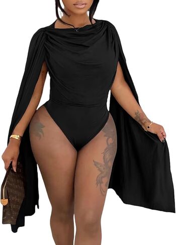 Womens Cowl Neck Body Suits Tops Drape Ruched Cape Sleeve Bodycon Bodysuit Y2K Going Out Top in Saudi Arabia