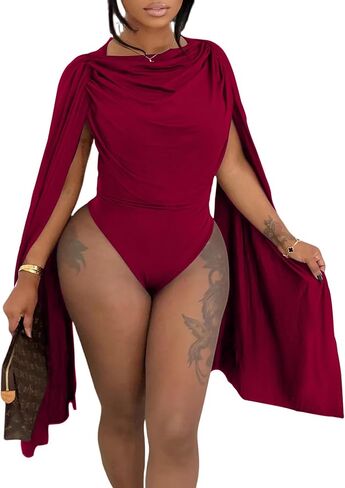Womens Cowl Neck Body Suits Tops Drape Ruched Cape Sleeve Bodycon Bodysuit Y2K Going Out Top in Kuwait