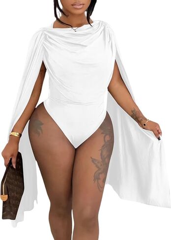 Womens Cowl Neck Body Suits Tops Drape Ruched Cape Sleeve Bodycon Bodysuit Y2K Going Out Top in Kuwait