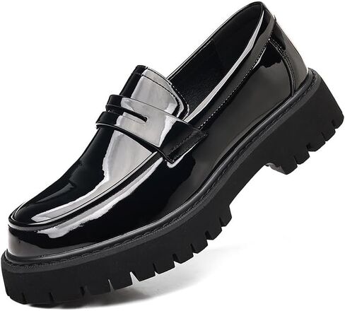 Men's Patent Leather Platform Chunky Loafers - Classic Toe Lug Sole Business Casual Slip-On Penny Shoes in Saudi Arabia