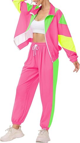 Aluvee 80s Track Suit Women Set 90s Windbreaker Outfit Retro Color Block Sportswear Set With Jacket Sweatpants in Saudi Arabia