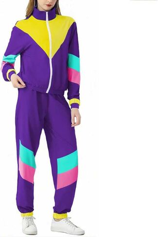 Aluvee 80s Track Suit Women Set 90s Windbreaker Outfit Retro Color Block Sportswear Set With Jacket Sweatpants in Saudi Arabia