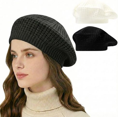 Peicees 2 Pcs Crochet Beret Hat for Women Knitted Beanie Fashion French Artist Hat Painter Cap Thin Soft Lightweight Elastic in Saudi Arabia