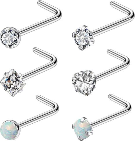 Ruifan ASTM F136 Titanium Nose Rings 18G 20G 22G Heart Square Cubic Zirconia Opal Nose Studs Ring Screw L-Shaped Bone Hypoallergenic Body Piercing Jewelry for Women 3mm 6PCS in Saudi Arabia