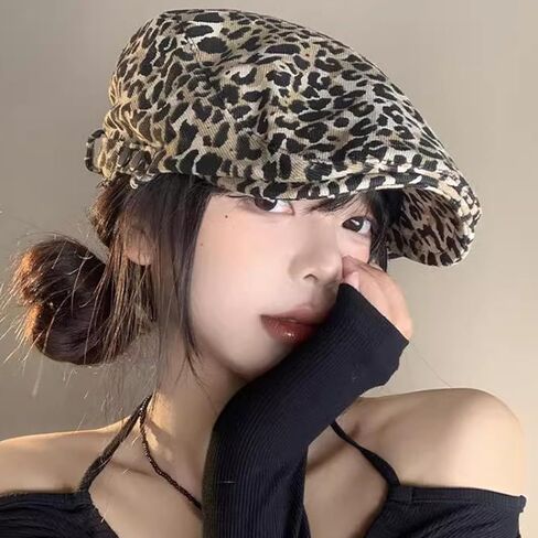 Retro Leopard Beret Cap 20s-Gatsby Fashion Cows Newsboy Caps Cotton Blend Ivy Flat Cabbie Hat Medium in Saudi Arabia