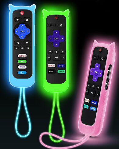 غطاء مكون من 3 قطع لجهاز التحكم عن بعد Roku بتصميم آذان القطط، حافظة جلدية من السيليكون متوافقة مع تلفزيون Hisense/TCL Roku، عصا البخار/Express، وحدة تحكم بديلة عالمية. يتوهج باللون الأخضر الداكن/الأزرق/الأرجواني in Saudi Arabia