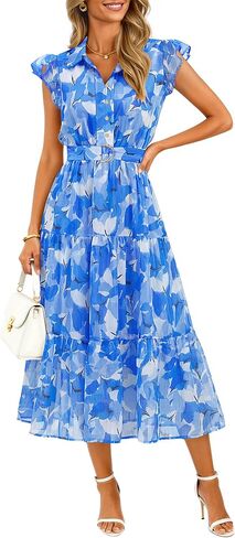 ZESICA Women's Summer Floral Midi Dress 2026 Casual Flutter Short Sleeve Chiffon Button Down Wedding Guest Party Dresses in Saudi Arabia