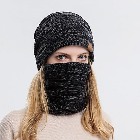 قبعة شتوية طقم أربطة عنق رجل إمرأة دافئ متماسكة قبعة الجمجمة الرقبة أدفأ صوف مبطن قبعة وشاح للتزلج التنزه in Kuwait