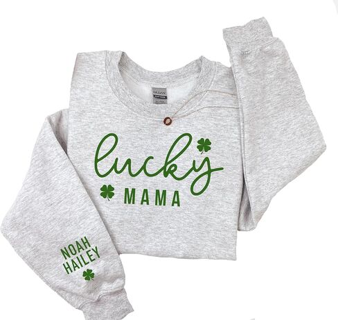 Up2ournecksinfabric Lucky Mama Sweatshirt With Names One Lucky Mama Womens St Patrick's Day Sweater Customized St Patty's Day Crewneck Light Grey in Saudi Arabia